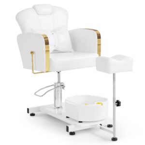 Friseurstuhl Damenstuhl Pediküre Stuhl mit Fußbadewanne Höhenverstellbar & Kippbar, Fußpflegestuhl für Nagelstudio Retro F0371 (Gold-Weiß)