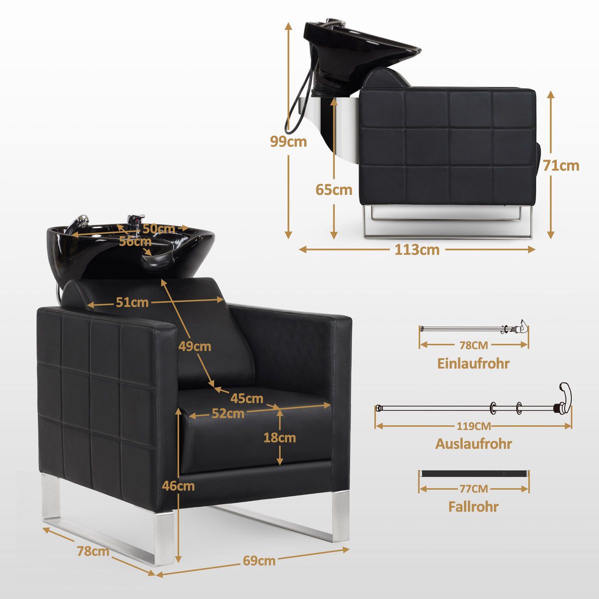 BP Friseurwaschbecken Friseur Waschplatz Waschsessel Rückwärtswaschbecken SPA mit Fußhocker 8611 (Schwarz/Schwarz) – Bild 9