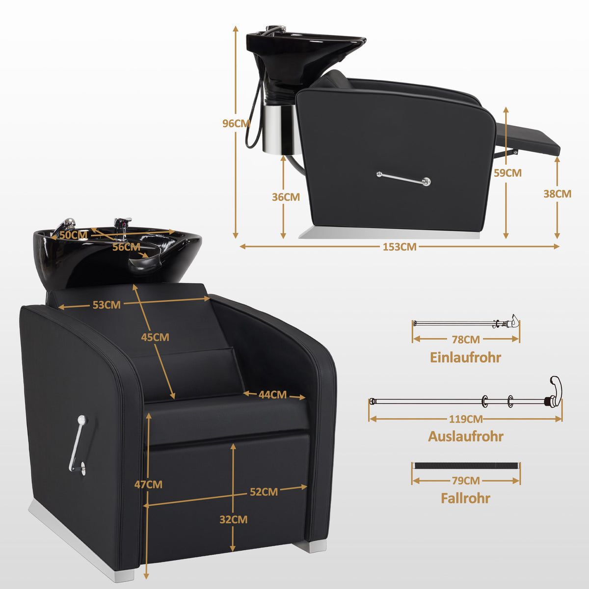 BP Friseurwaschbecken Friseur Waschplatz Waschsessel Rückwärtswaschbecken mit Fußstütze 8679 (Schwarz) – Bild 7