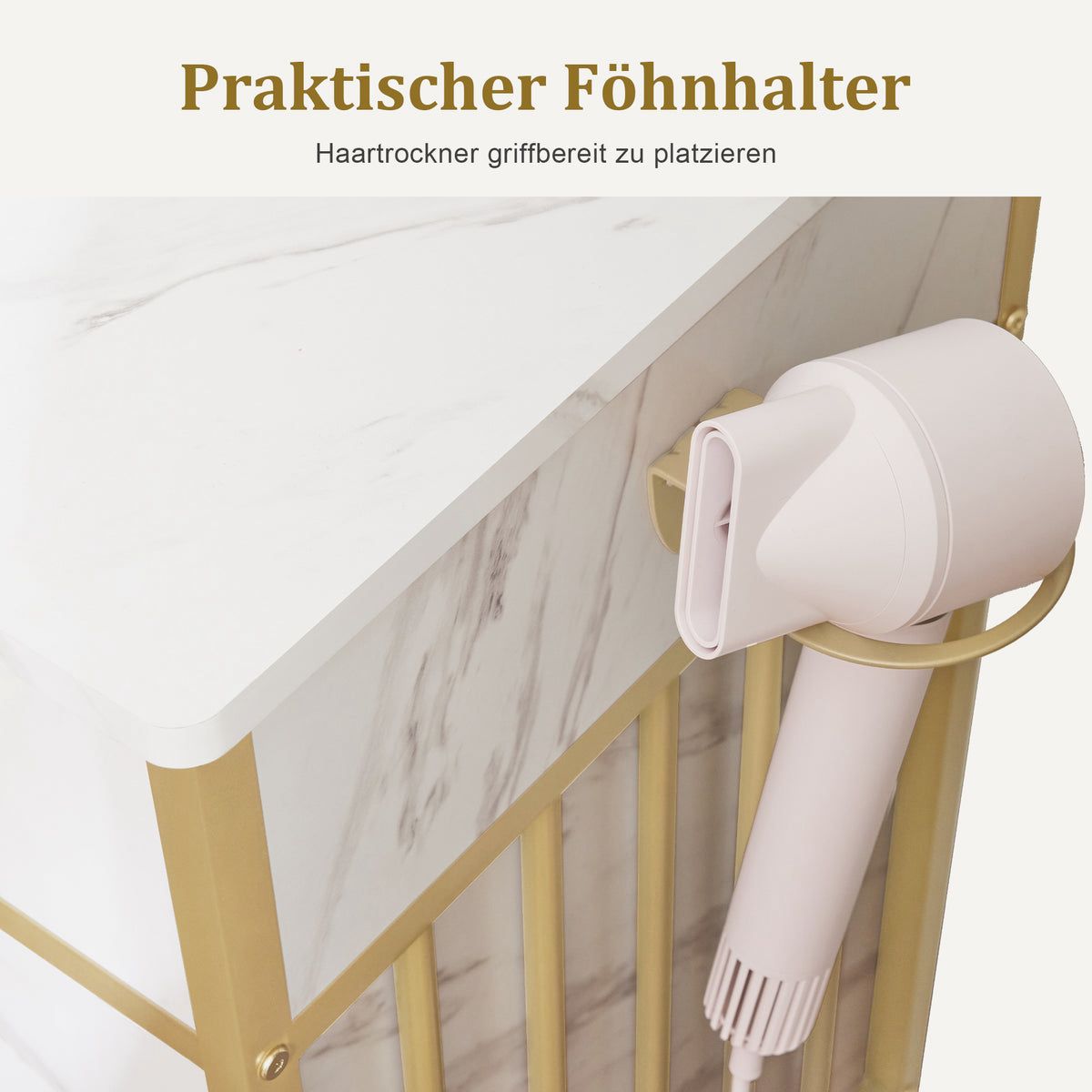 BP Schminktisch mit Spiegel Frisiertisch Make-up Tisch mit 2 Schubladen 3 Offene Ablagen Föhnhalter – Bild 5