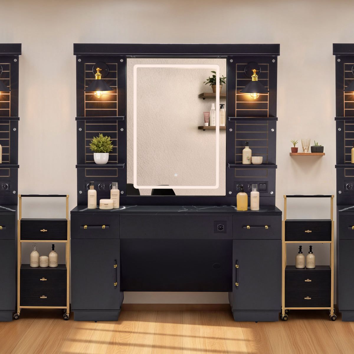 BP Friseurplatz Bedienplatz Arbeitsplatz mit 2 Schubladen, 2 Schränke und 4 Ablagen - mit LED Beleuchtung 3169 – Bild 9