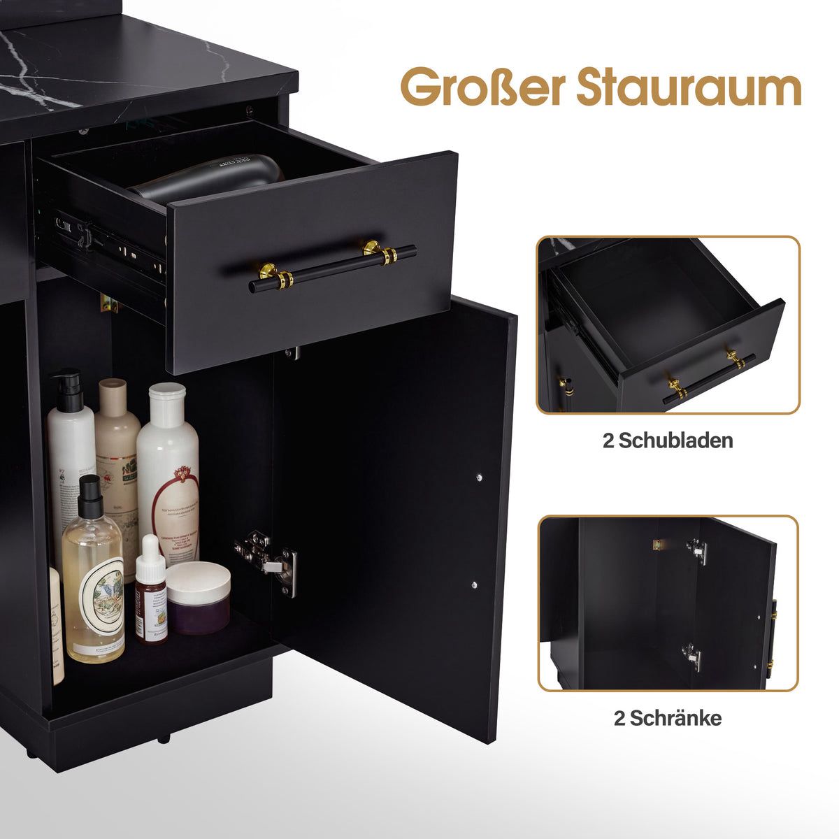 BP Friseurplatz Bedienplatz Arbeitsplatz mit 2 Schubladen, 2 Schränke und 4 Ablagen - mit LED Beleuchtung 3169 – Bild 6