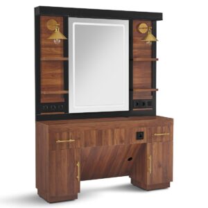 BP Friseurplatz Bedienplatz Arbeitsplatz mit 2 Schubladen, 2 Schränke und 4 Ablagen – mit LED Beleuchtung 3167