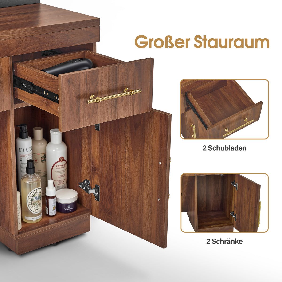 BP Friseurplatz Bedienplatz Arbeitsplatz mit 2 Schubladen, 2 Schränke und 4 Ablagen – mit LED Beleuchtung 3167 – Bild 6