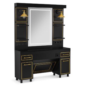 BP Friseurplatz Bedienplatz Arbeitsplatz mit 2 Schubladen, 2 Schränke und 4 Ablagen – mit LED Beleuchtung 3161