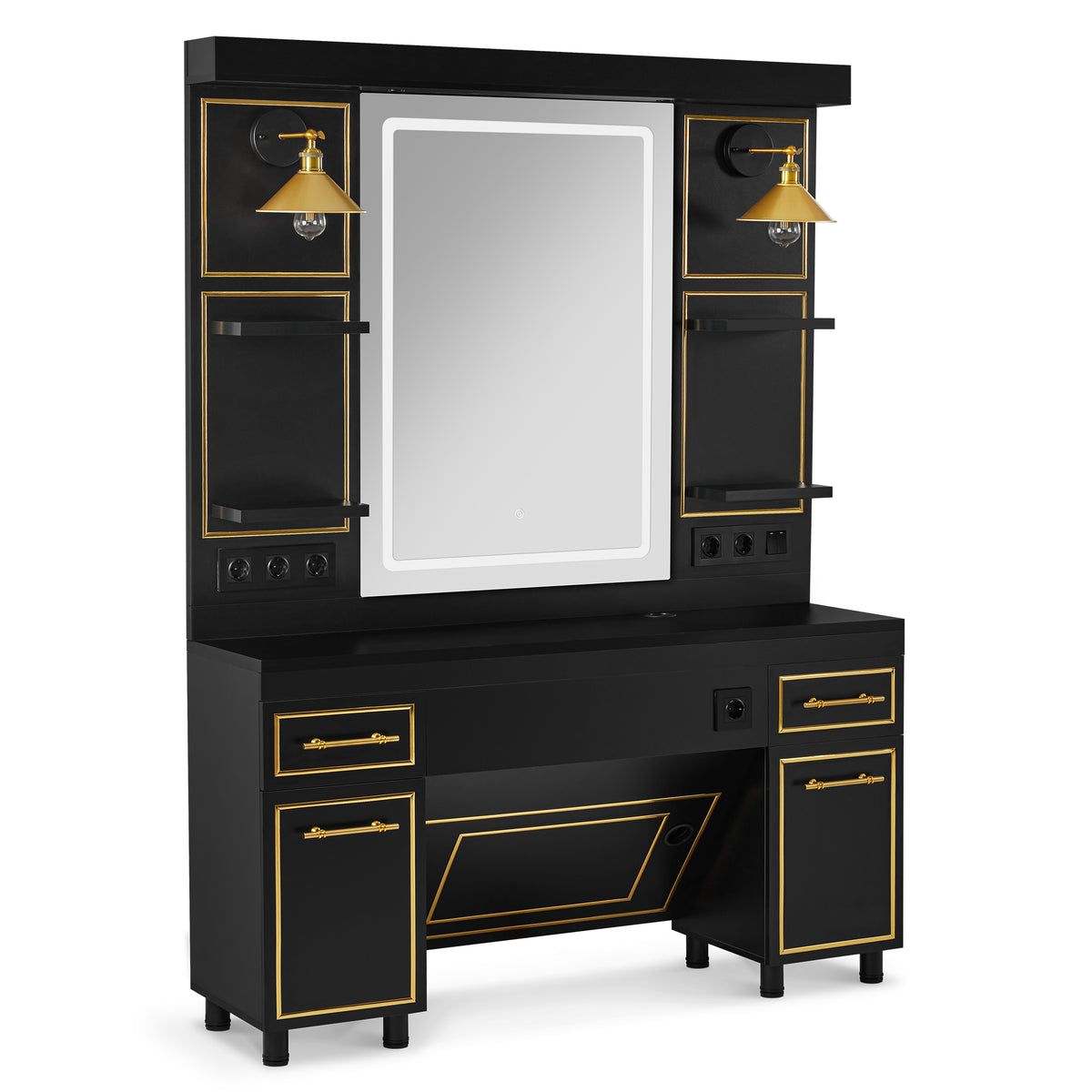 BP Friseurplatz Bedienplatz Arbeitsplatz mit 2 Schubladen, 2 Schränke und 4 Ablagen – mit LED Beleuchtung 3161