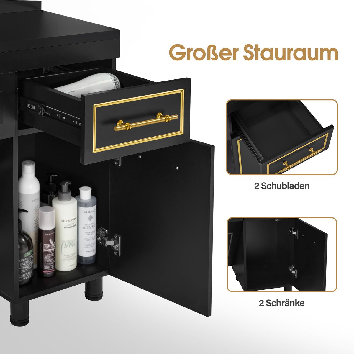 BP Friseurplatz Bedienplatz Arbeitsplatz mit 2 Schubladen, 2 Schränke und 4 Ablagen – mit LED Beleuchtung 3161 – Bild 6