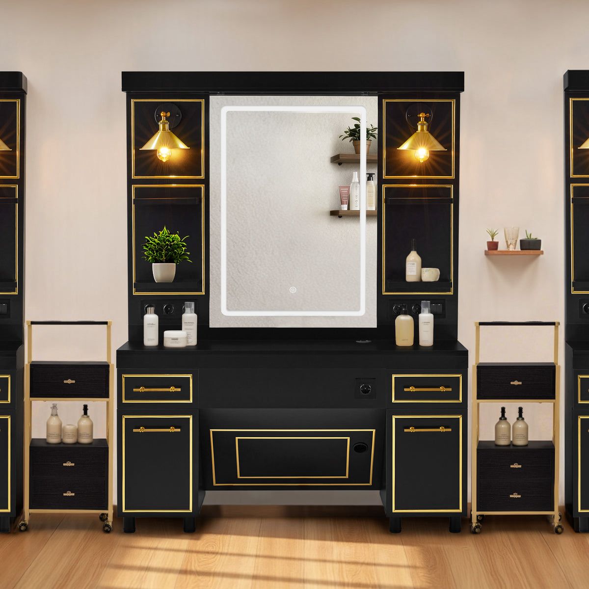 BP Friseurplatz Bedienplatz Arbeitsplatz mit 2 Schubladen, 2 Schränke und 4 Ablagen – mit LED Beleuchtung 3161 – Bild 9