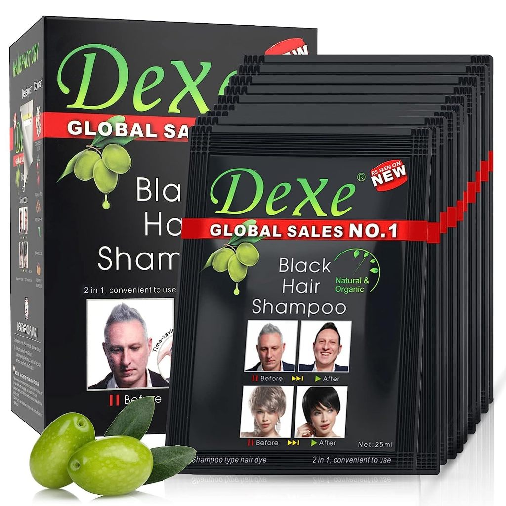 DeXe Black Hair Shampoo Schwarz Färbendes Shampoo 25ml x 10 Stück - Schnelle Färbung, Ammoniakfrei, Langanhaltendes glänzendes Natürliche Kräuterformel