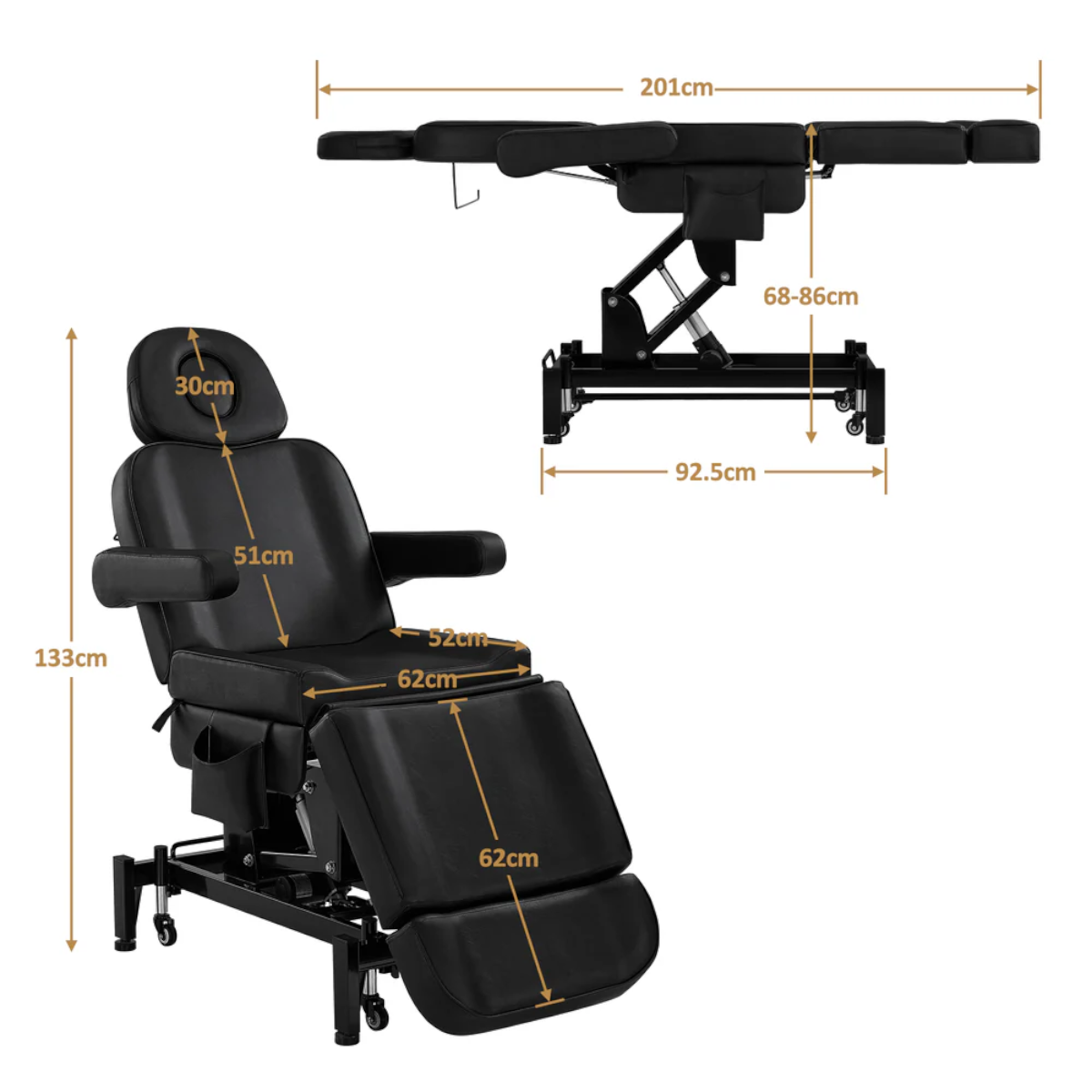 BP Kosmetikliege Elektrisch mit 3 Motoren & Rollen Massageliege Klappbar & 18CM Höhenverstellbar 180°Drehbare Armlehnen Tattoo Liege für SPA Salon 0754 Schwarz – Bild 3