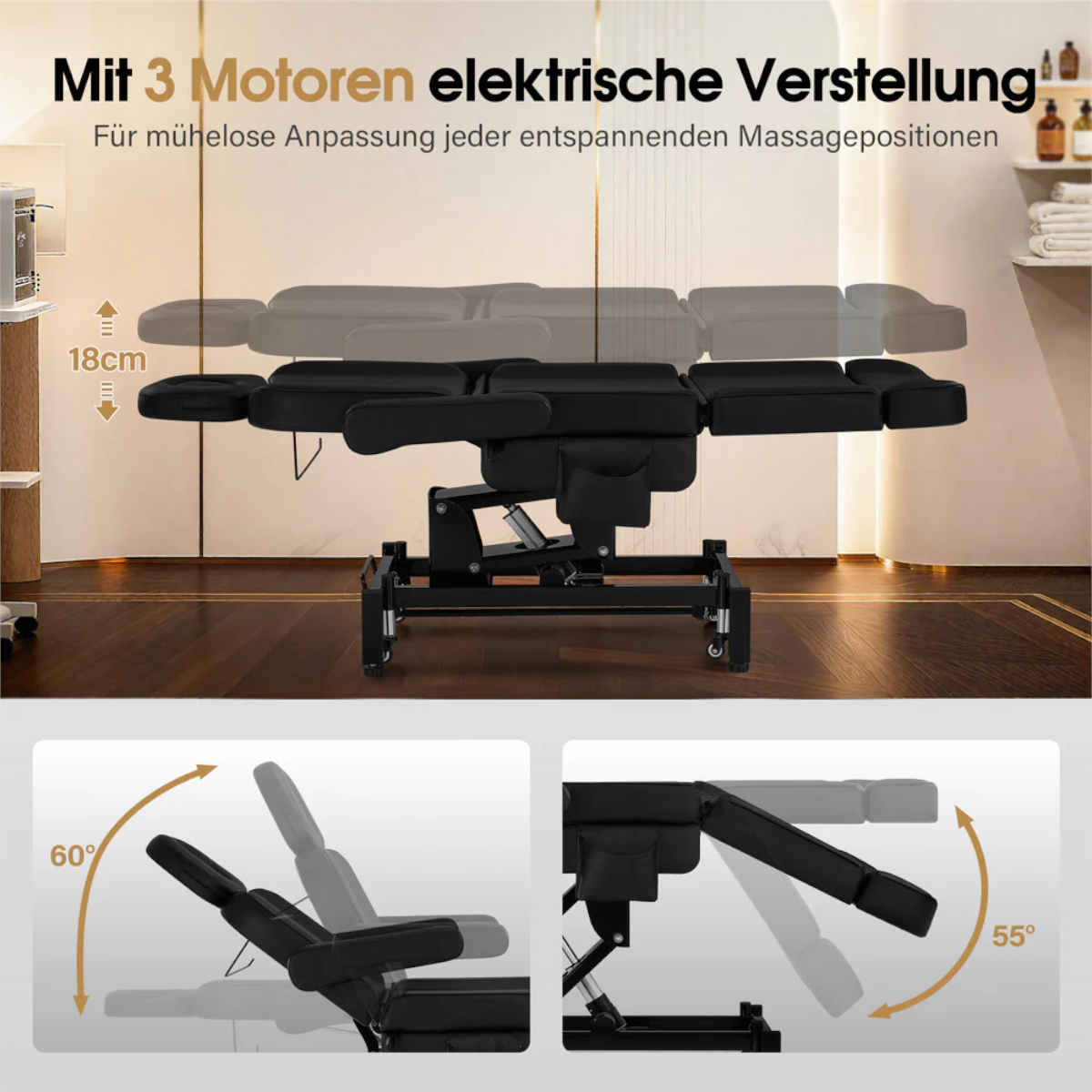 BP Kosmetikliege Elektrisch mit 3 Motoren & Rollen Massageliege Klappbar & 18CM Höhenverstellbar 180°Drehbare Armlehnen Tattoo Liege für SPA Salon 0754 Schwarz – Bild 4
