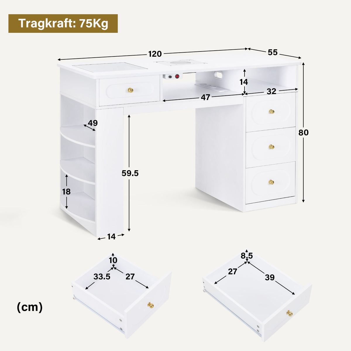 BP Manikürtisch mit 4 Schubladen Regal 2 Ablagen & Glasplatte Nageltisch mit Absaugung & 2 Staubsaugerbeuteln Nagelfrisiertisch Holz Schreibtisch für Nagelstudio 2442 – Bild 8