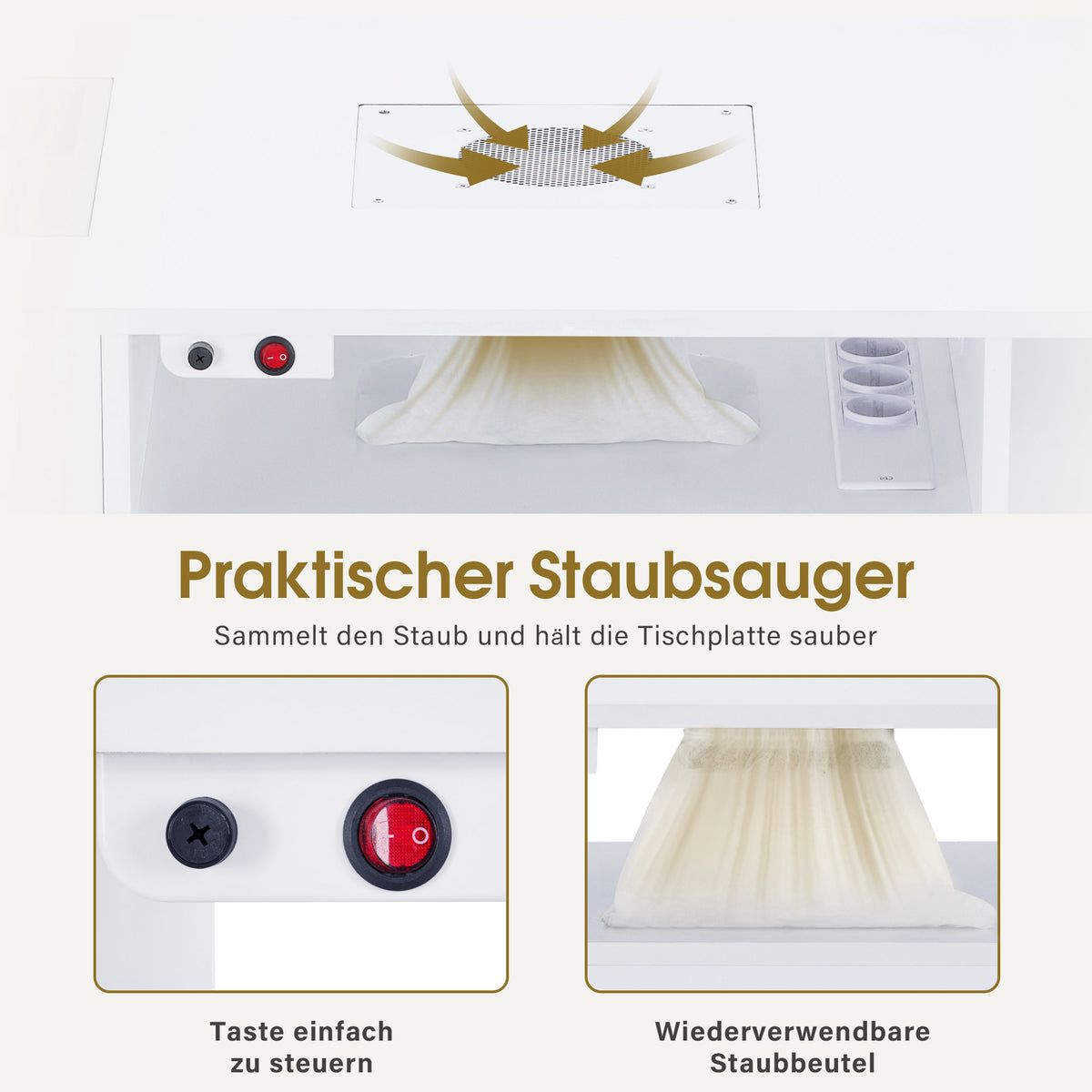 BP Manikürtisch mit 4 Schubladen Regal 2 Ablagen & Glasplatte Nageltisch mit Absaugung & 2 Staubsaugerbeuteln Nagelfrisiertisch Holz Schreibtisch für Nagelstudio 2442 – Bild 7