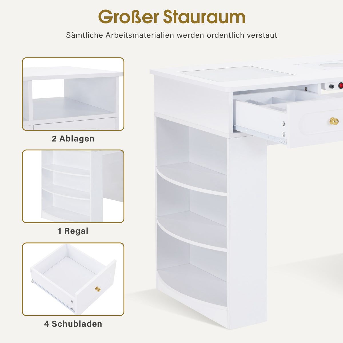 BP Manikürtisch mit 4 Schubladen Regal 2 Ablagen & Glasplatte Nageltisch mit Absaugung & 2 Staubsaugerbeuteln Nagelfrisiertisch Holz Schreibtisch für Nagelstudio 2442 – Bild 6