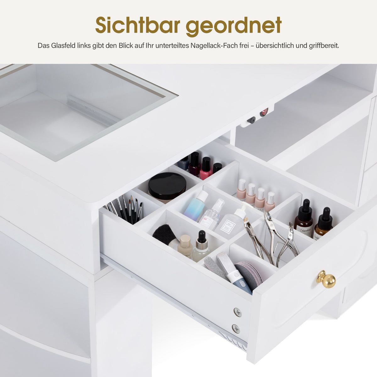 BP Manikürtisch mit 4 Schubladen Regal 2 Ablagen & Glasplatte Nageltisch mit Absaugung & 2 Staubsaugerbeuteln Nagelfrisiertisch Holz Schreibtisch für Nagelstudio 2442 – Bild 4