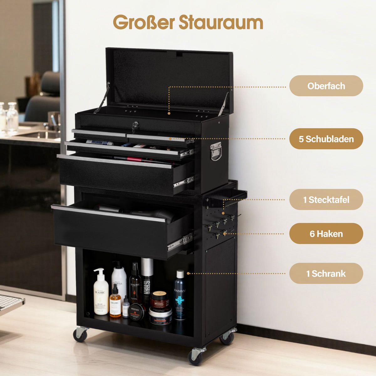 BP 2in1 Friseurwagen mit 5 Schubladen Schrank & 6 Haken Bedienungswagen mit Rollen Friseur Arbeitswagen Abschließbar - Trolley Metall Rollwagen Stapelboy 33x70x108cm 0097 Silber – Bild 3