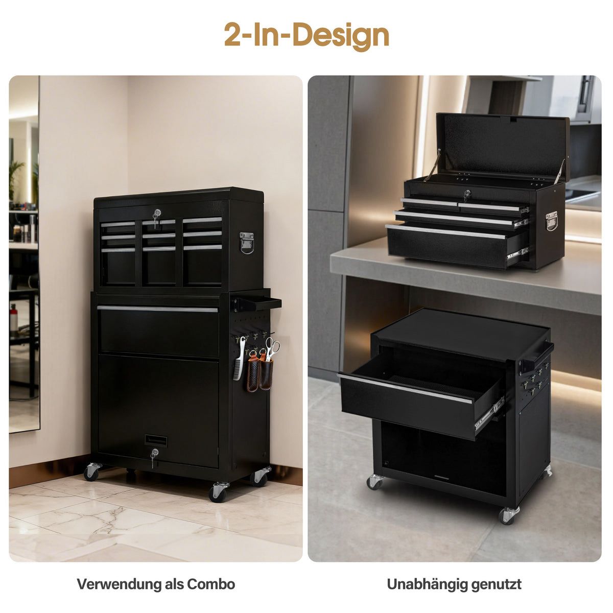 BP 2in1 Friseurwagen mit 5 Schubladen Schrank & 6 Haken Bedienungswagen mit Rollen Friseur Arbeitswagen Abschließbar - Trolley Metall Rollwagen Stapelboy 33x70x108cm 0097 Silber – Bild 4