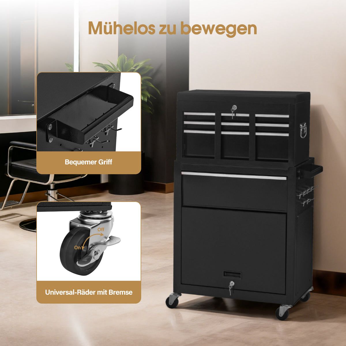 BP 2in1 Friseurwagen mit 5 Schubladen Schrank & 6 Haken Bedienungswagen mit Rollen Friseur Arbeitswagen Abschließbar - Trolley Metall Rollwagen Stapelboy 33x70x108cm 0097 Silber – Bild 5
