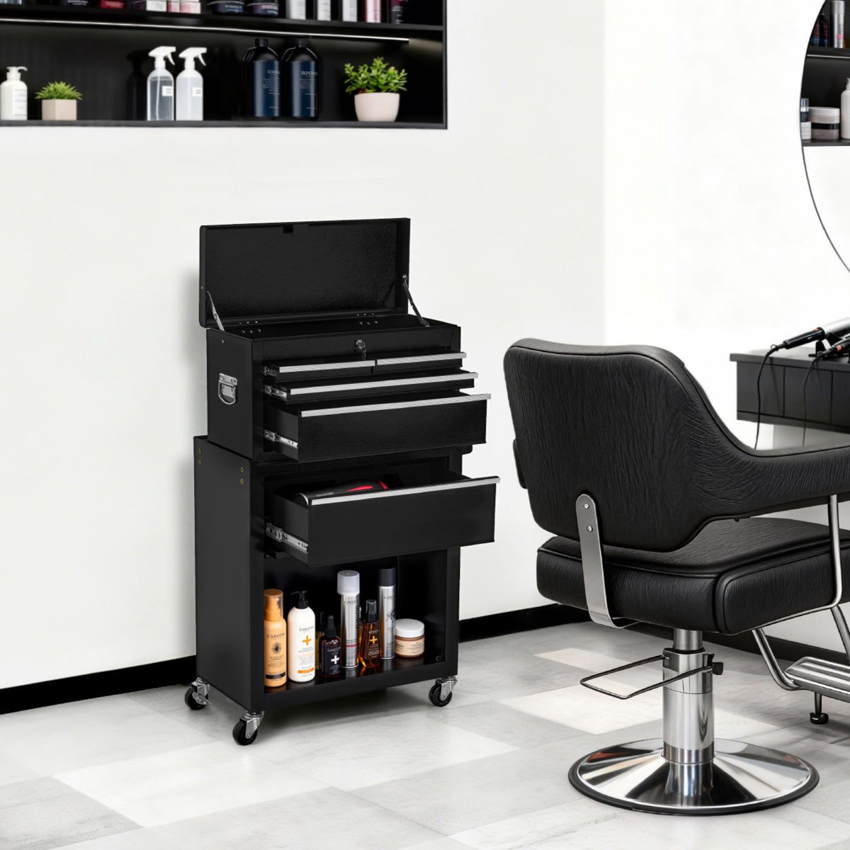 BP 2in1 Friseurwagen mit 5 Schubladen Schrank & 6 Haken Bedienungswagen mit Rollen Friseur Arbeitswagen Abschließbar - Trolley Metall Rollwagen Stapelboy 33x70x108cm 0097 Silber – Bild 7