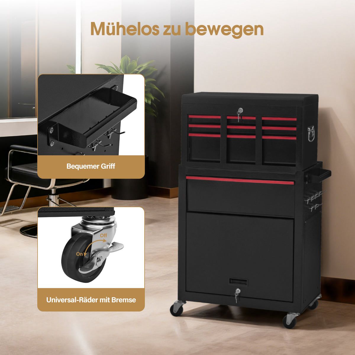 BP 2in1 Friseurwagen mit 5 Schubladen Schrank & 6 Haken Bedienungswagen mit Rollen Friseur Arbeitswagen Abschließbar - Trolley Metall Rollwagen Stapelboy 33x70x108cm 0097 Rot – Bild 5