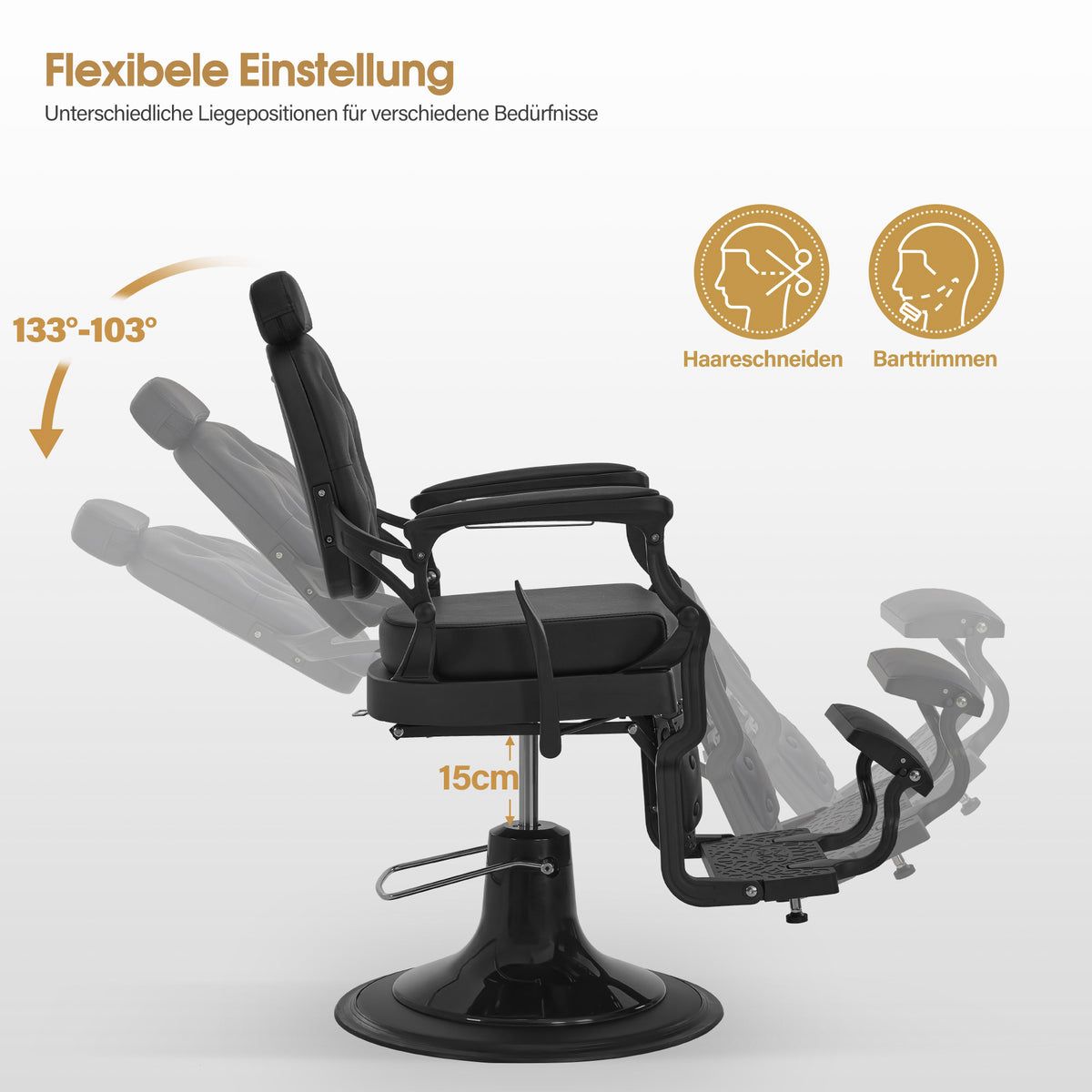 BP Barbershop Stuhl – Barbierstuhl Friseurstuhl Friseursessel mit Retro-/ Vintage Stil 2933BK-F (Schwarz) – Bild 3