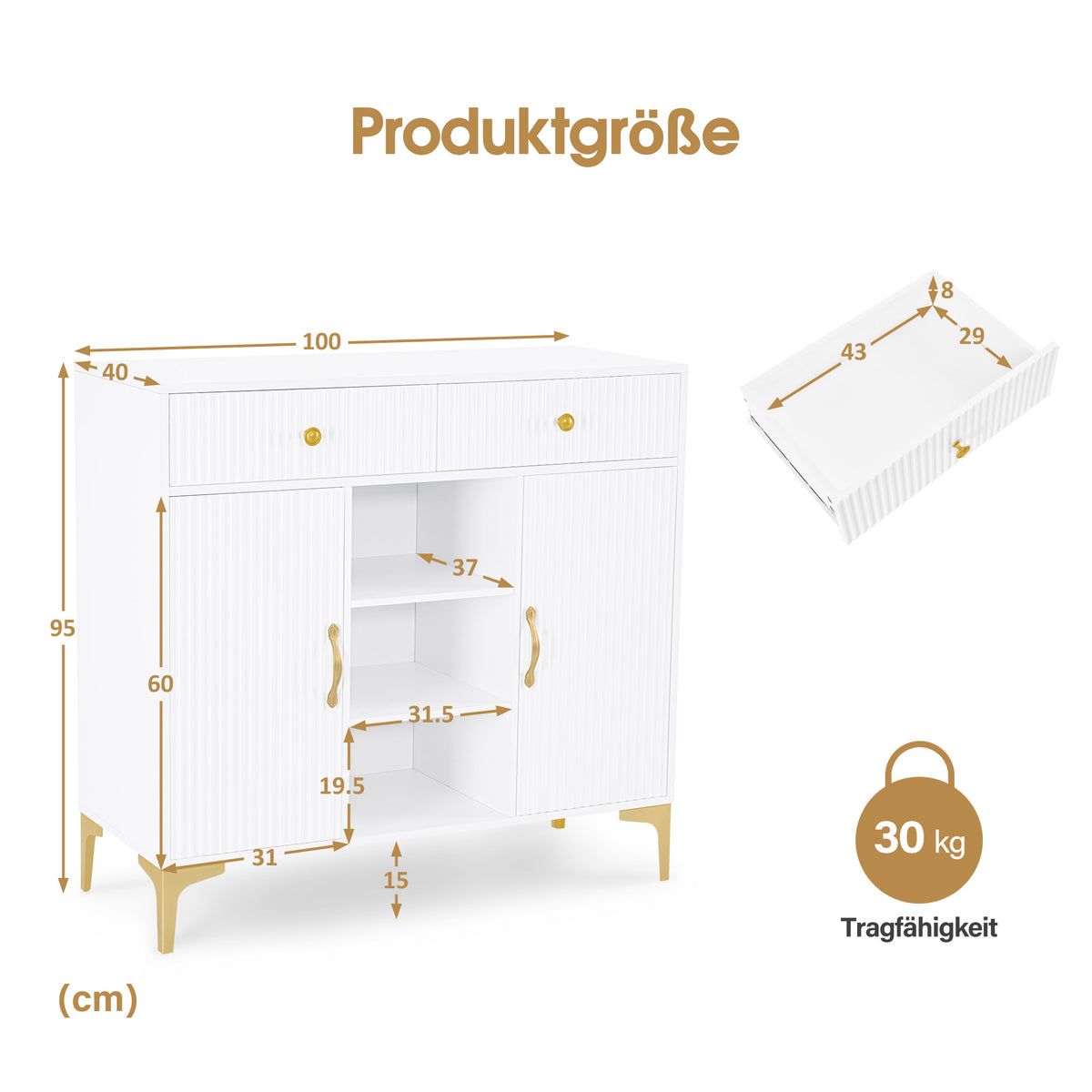 BP Sideboard mit 2 Schubladen Badezimmerschrank mit 3 Offenen Fächern & 2 Verstellbaren Ablagen Küchenschrank Kommode Weiß Beistellschrank für Nagelstudio 6647 – Bild 2