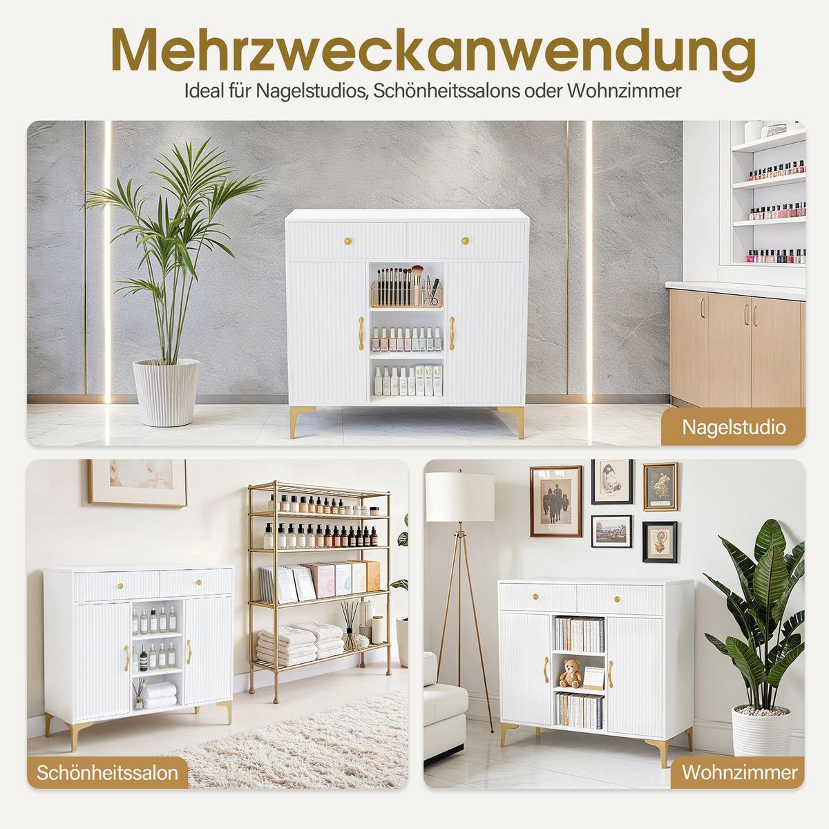 BP Sideboard mit 2 Schubladen Badezimmerschrank mit 3 Offenen Fächern & 2 Verstellbaren Ablagen Küchenschrank Kommode Weiß Beistellschrank für Nagelstudio 6647 – Bild 5