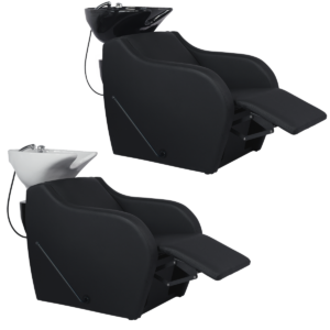 WK WISP+ - Friseurwaschbecken Friseur Waschplatz Waschsessel Rückwärtswaschbecken ( Schwarz / Weiß ) mit Manuelle Fußstütze