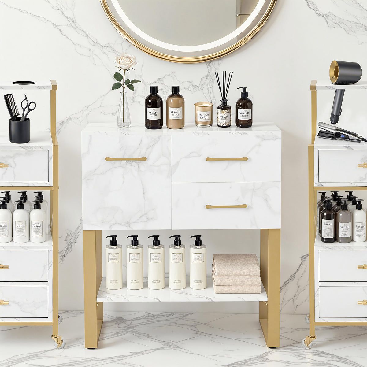 BP Sideboard mit 2 Schubladen Badezimmerschrank mit Schrank & Offener Ablage Kommode Metallgestell Beistellschrank für Friseursalon Aufbewahrungsschrank Marmor-Weiß Gold 6678 – Bild 7