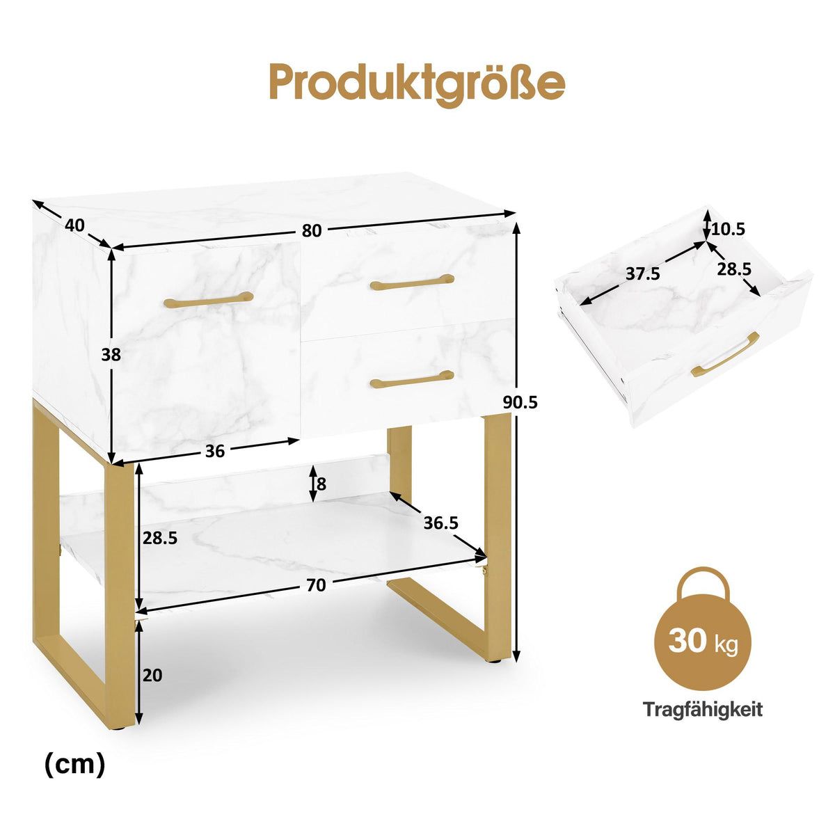 BP Sideboard mit 2 Schubladen Badezimmerschrank mit Schrank & Offener Ablage Kommode Metallgestell Beistellschrank für Friseursalon Aufbewahrungsschrank Marmor-Weiß Gold 6678 – Bild 6