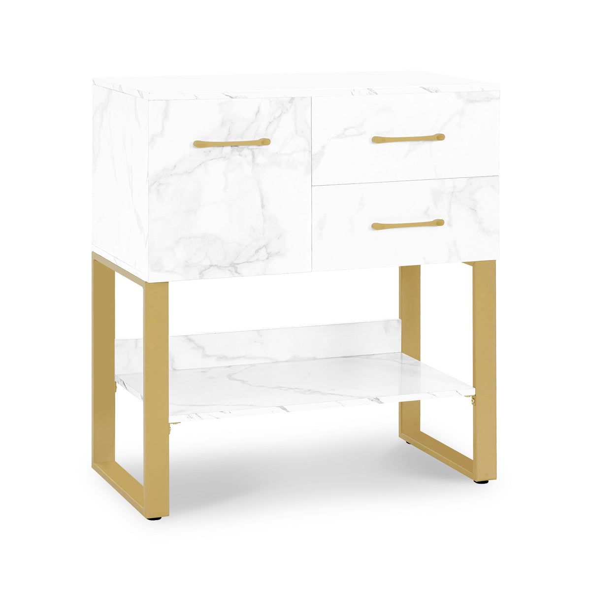 BP Sideboard mit 2 Schubladen Badezimmerschrank mit Schrank & Offener Ablage Kommode Metallgestell Beistellschrank für Friseursalon Aufbewahrungsschrank Marmor-Weiß Gold 6678