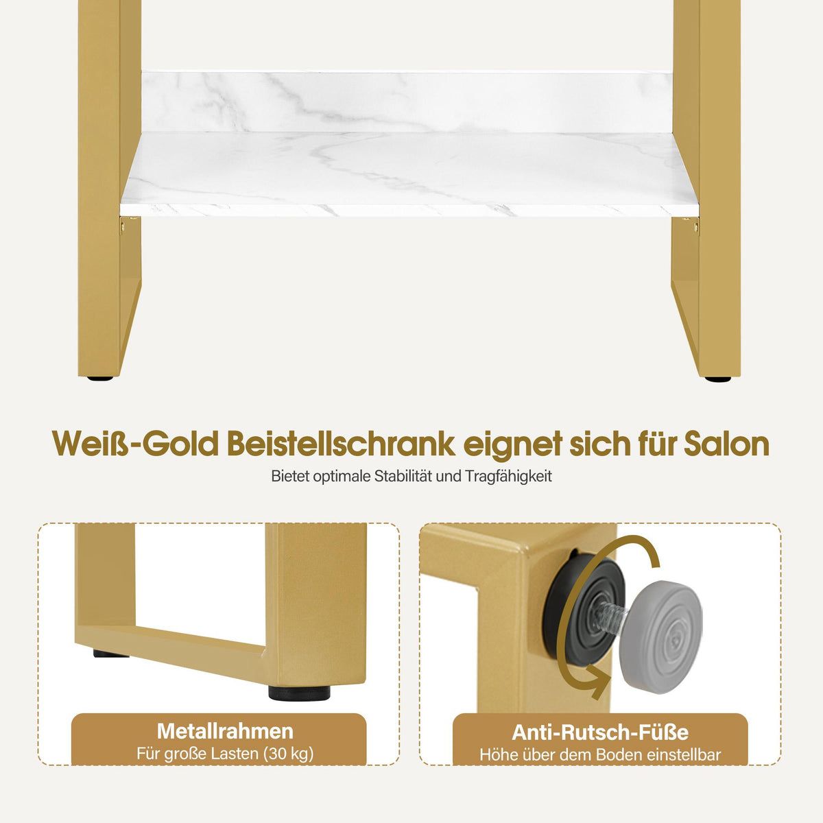 BP Sideboard mit 2 Schubladen Badezimmerschrank mit Schrank & Offener Ablage Kommode Metallgestell Beistellschrank für Friseursalon Aufbewahrungsschrank Marmor-Weiß Gold 6678 – Bild 4