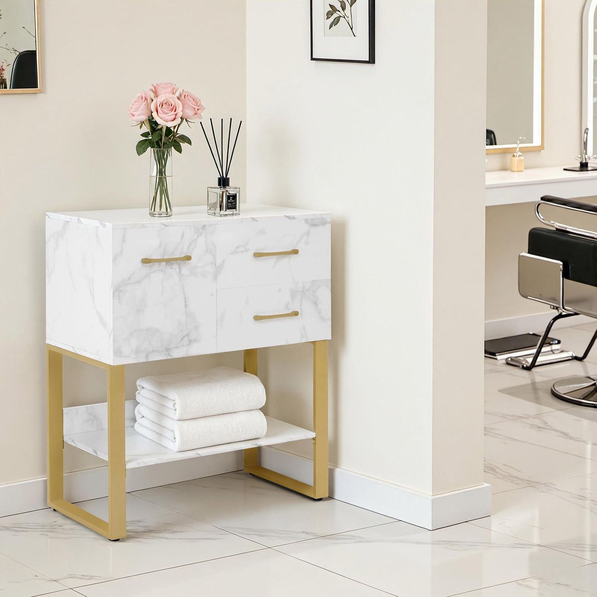 BP Sideboard mit 2 Schubladen Badezimmerschrank mit Schrank & Offener Ablage Kommode Metallgestell Beistellschrank für Friseursalon Aufbewahrungsschrank Marmor-Weiß Gold 6678 – Bild 3