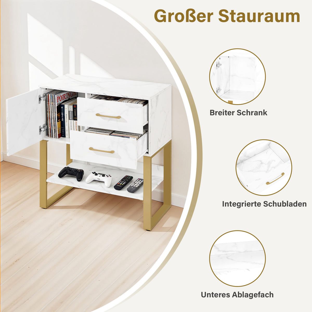 BP Sideboard mit 2 Schubladen Badezimmerschrank mit Schrank & Offener Ablage Kommode Metallgestell Beistellschrank für Friseursalon Aufbewahrungsschrank Marmor-Weiß Gold 6678 – Bild 5