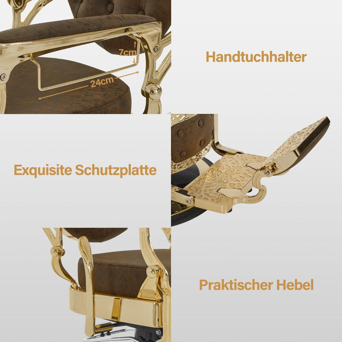 BP Barbershop Stuhl – Barbierstuhl Friseurstuhl Friseursessel mit Retro-/ Vintage Stil 2933BR (Braun/Gold) – Bild 5