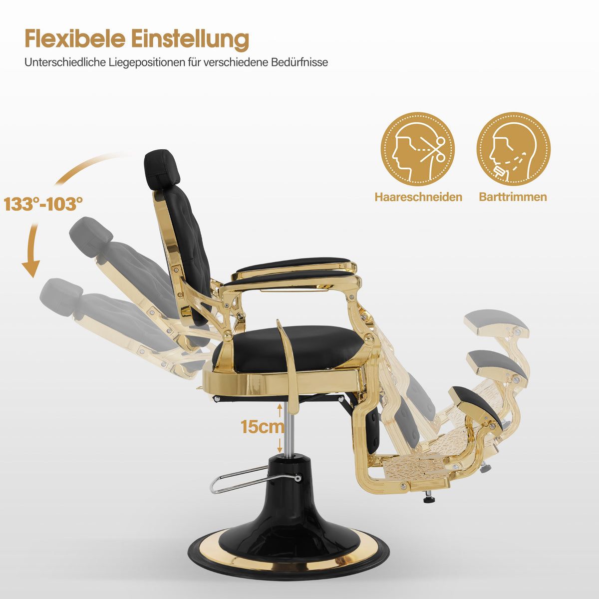 BP Barbershop Stuhl – Barbierstuhl Friseurstuhl Friseursessel mit Retro-/ Vintage Stil 2933GD (Schwarz/Gold) – Bild 7