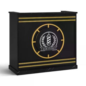 BP Empfangstheke mit 2 Schubladen & 2 Schränken Empfangstisch Abschließbar Empfangstresen Holz Rezeptionstisch Rezeptionstheke Kassentheke für Friseursalon R9792 (Schwarz-Gold)