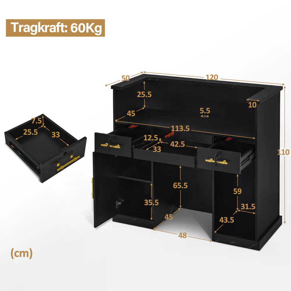 BP Empfangstheke mit 2 Schubladen & 2 Schränken Empfangstisch Abschließbar Empfangstresen Holz Rezeptionstisch Rezeptionstheke Kassentheke für Friseursalon R9792 (Schwarz-Gold) – Bild 3