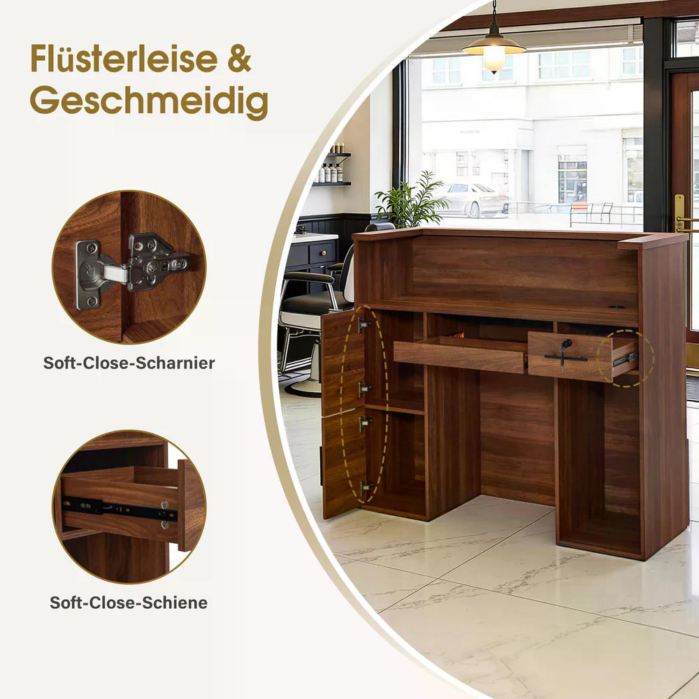 BP Empfangstheke mit 2 Schubladen & 3 Schränken Empfangstisch Abschließbar Empfangstresen Holz Rezeptionstisch Rezeptionstheke Kassentheke für Friseursalon R9760 (Braun) – Bild 6