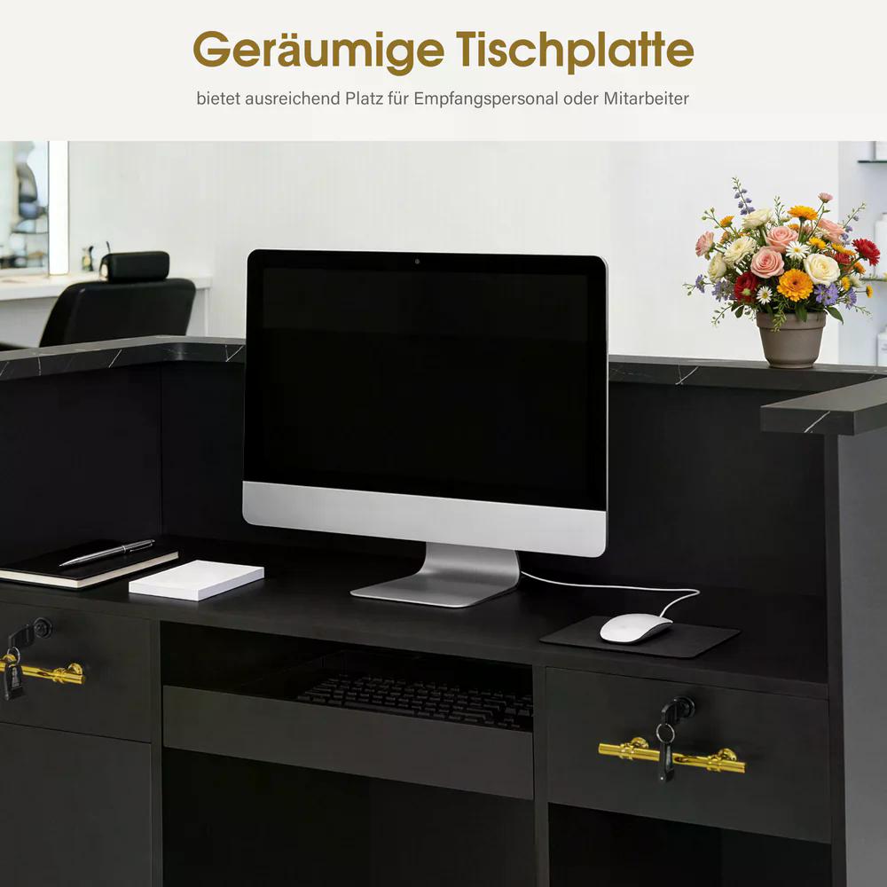 BP Empfangstheke mit 2 Schubladen & 2 Schränken Empfangstisch Abschließbar Empfangstresen Holz Rezeptionstisch Rezeptionstheke Kassentheke für Friseursalon R9792 (Schwarz-Gold) – Bild 7