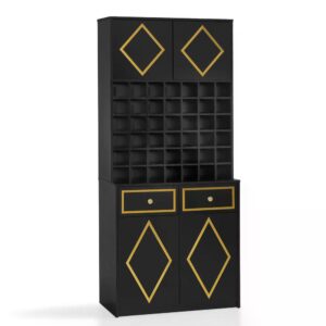 BP Handtuchschrank mit 2 Schubladen 42 Offenen Fächern & 4 Schränken Badezimmerschrank Schwarz Hochschrank Aufbewahrungsschrank Holz für Friseursalon Schönheitssalon R6194