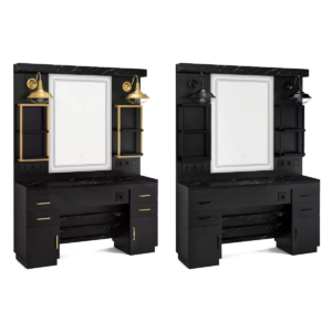 BP Friseurplatz Bedienplatz Arbeitsplatz mit 2 Schubladen, 2 Schränke und 4 Ablagen – mit LED Beleuchtung 3187 ( Gold/Schwarz & Schwarz )