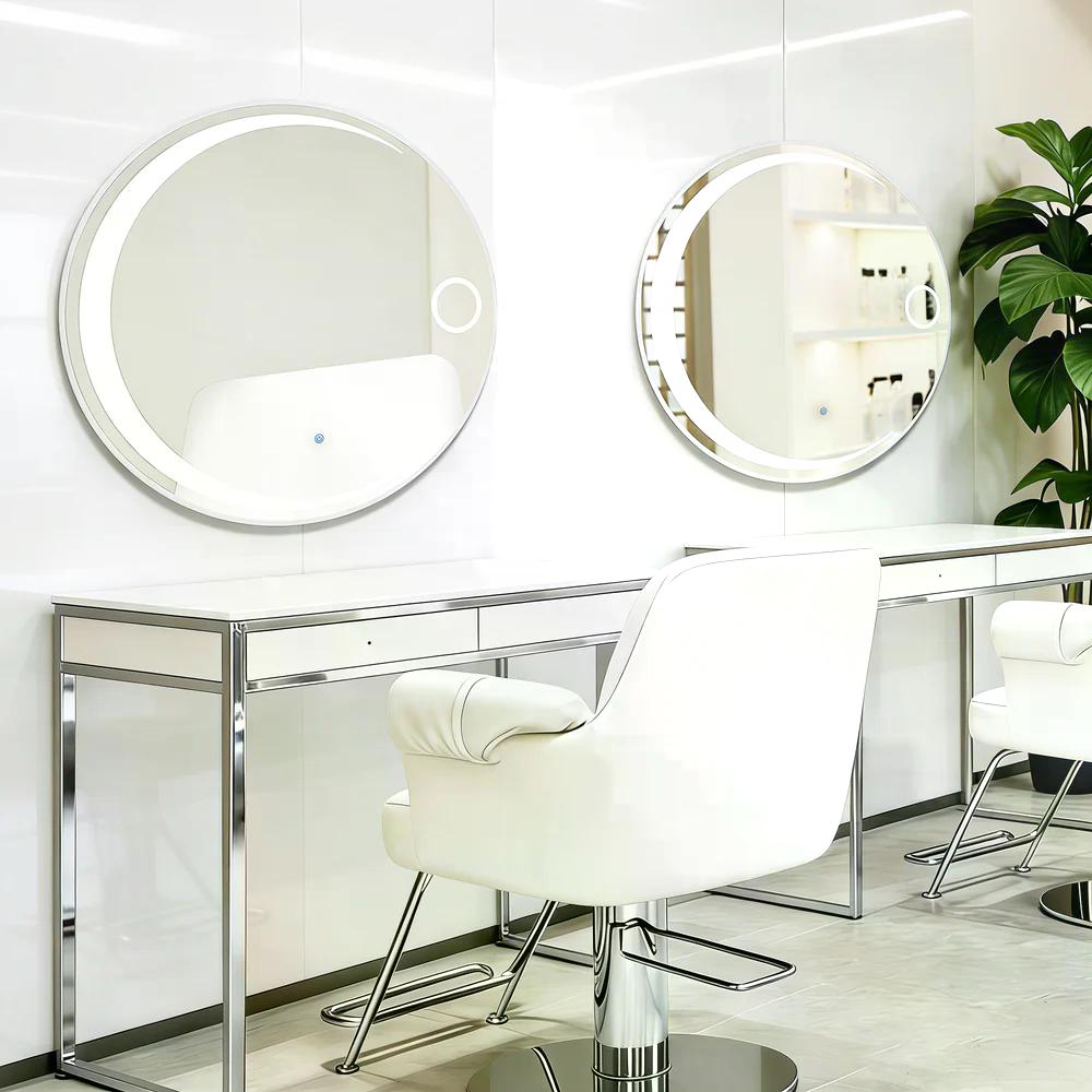 BP Wandspiegel mit Beleuchtung Badspiegel mit Aluminiumrahmen Runder Spiegel mit Touch-Schalter 3 Lichtfarben Dimmbar Badezimmerspiegel für Friseursalon Spa 83x83cm J6228 (Silber) – Bild 2