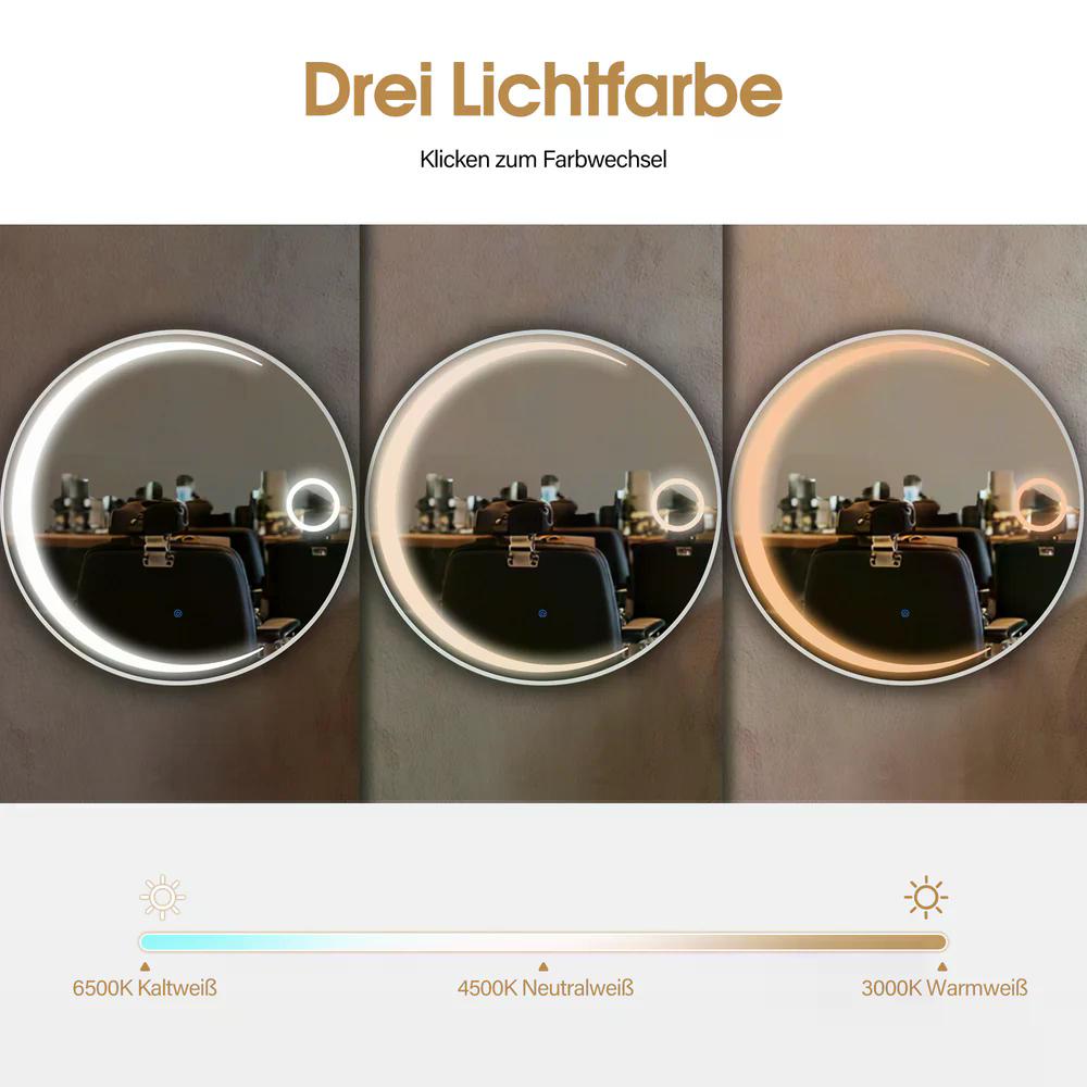 BP Wandspiegel mit Beleuchtung Badspiegel mit Aluminiumrahmen Runder Spiegel mit Touch-Schalter 3 Lichtfarben Dimmbar Badezimmerspiegel für Friseursalon Spa 83x83cm J6228 (Silber) – Bild 4