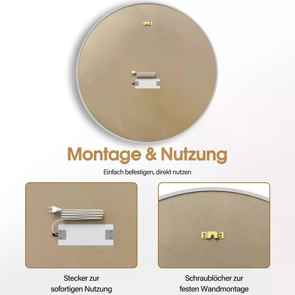 BP Wandspiegel mit Beleuchtung Badspiegel mit Aluminiumrahmen Runder Spiegel mit Touch-Schalter 3 Lichtfarben Dimmbar Badezimmerspiegel für Friseursalon Spa 83x83cm J6228 (Silber) – Bild 7