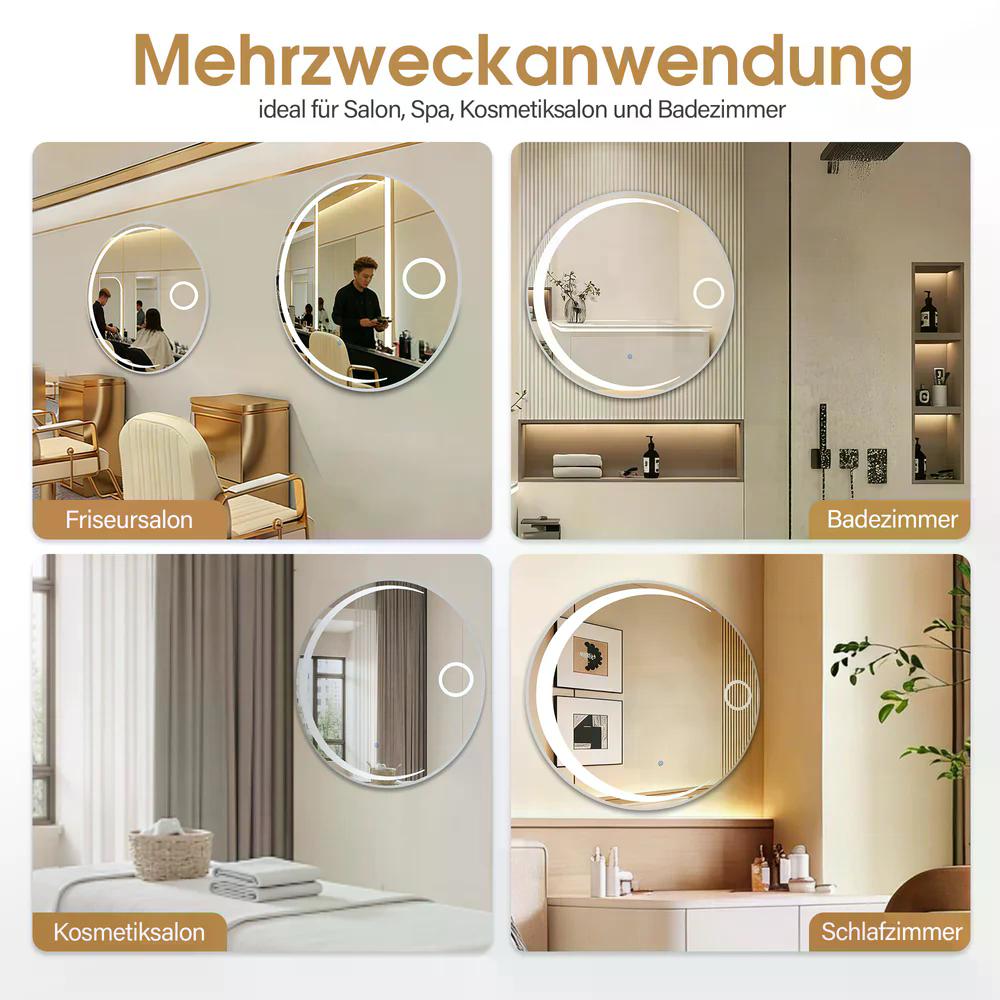 BP Wandspiegel mit Beleuchtung Badspiegel mit Aluminiumrahmen Runder Spiegel mit Touch-Schalter 3 Lichtfarben Dimmbar Badezimmerspiegel für Friseursalon Spa 83x83cm J6228 (Silber) – Bild 8