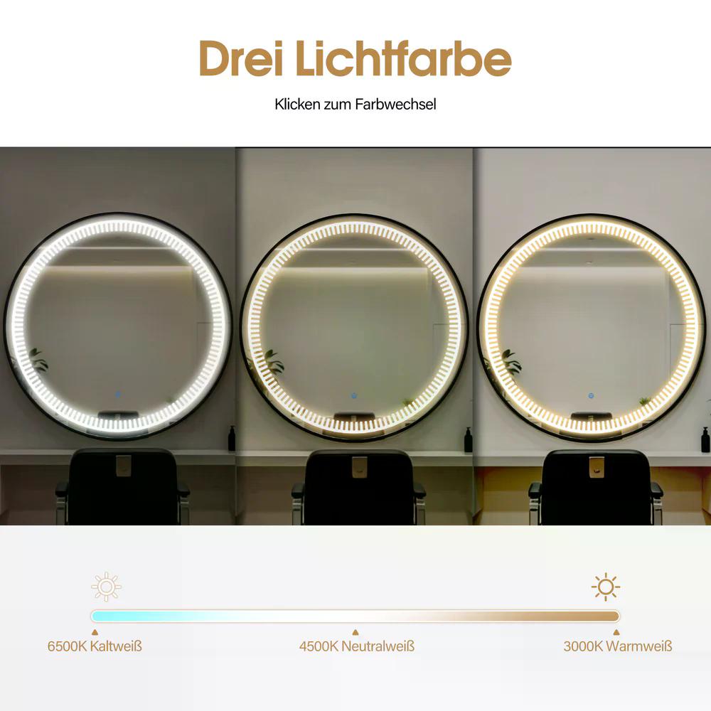 BP Wandspiegel mit Beleuchtung Badspiegel mit Aluminiumrahmen Runder Spiegel mit Touch-Schalter 3 Lichtfarben Dimmbar Badezimmerspiegel für Friseursalon Spa 83x83cm J6236 ( Schwarz / Gold ) – Bild 4