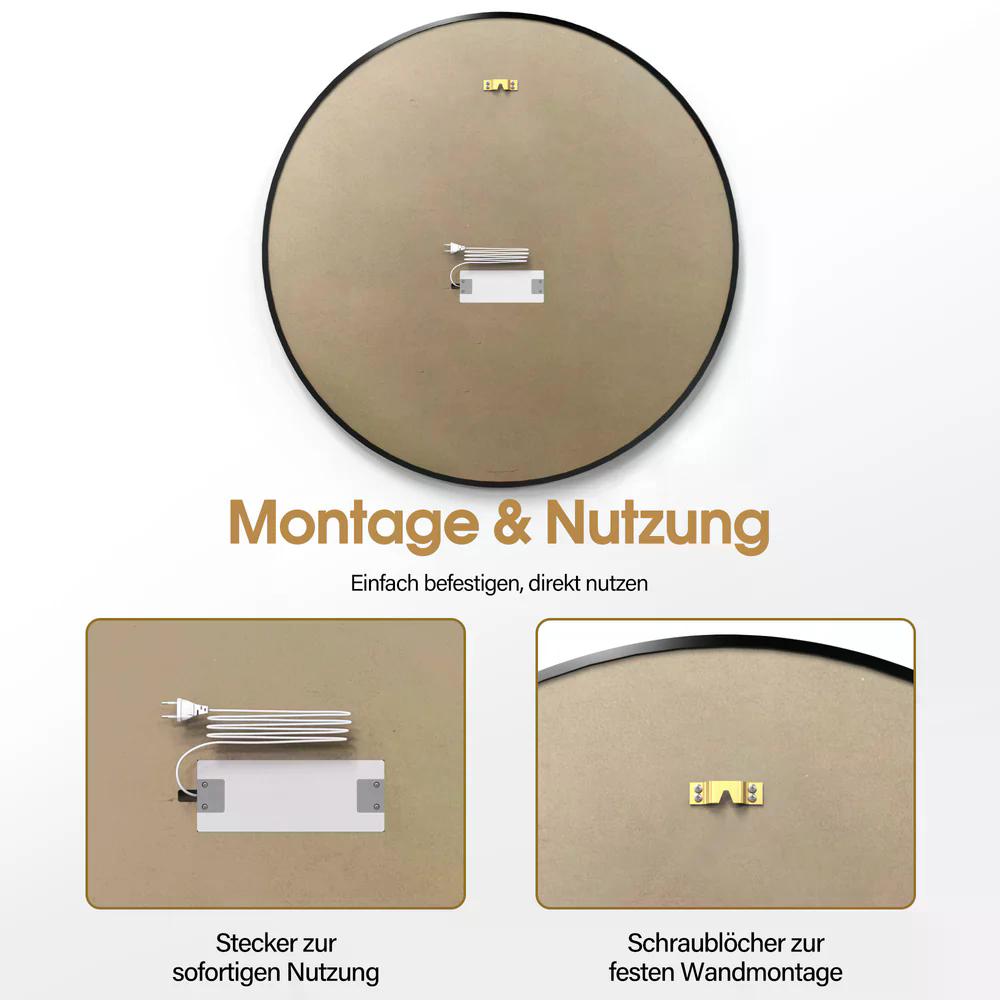 BP Wandspiegel mit Beleuchtung Badspiegel mit Aluminiumrahmen Runder Spiegel mit Touch-Schalter 3 Lichtfarben Dimmbar Badezimmerspiegel für Friseursalon Spa 83x83cm J6236 ( Schwarz / Gold ) – Bild 7