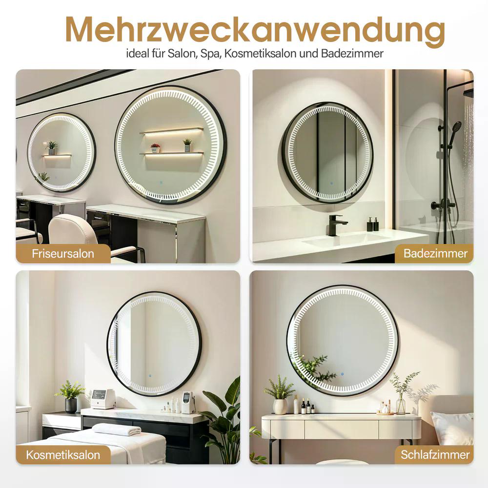 BP Wandspiegel mit Beleuchtung Badspiegel mit Aluminiumrahmen Runder Spiegel mit Touch-Schalter 3 Lichtfarben Dimmbar Badezimmerspiegel für Friseursalon Spa 83x83cm J6236 ( Schwarz / Gold ) – Bild 8