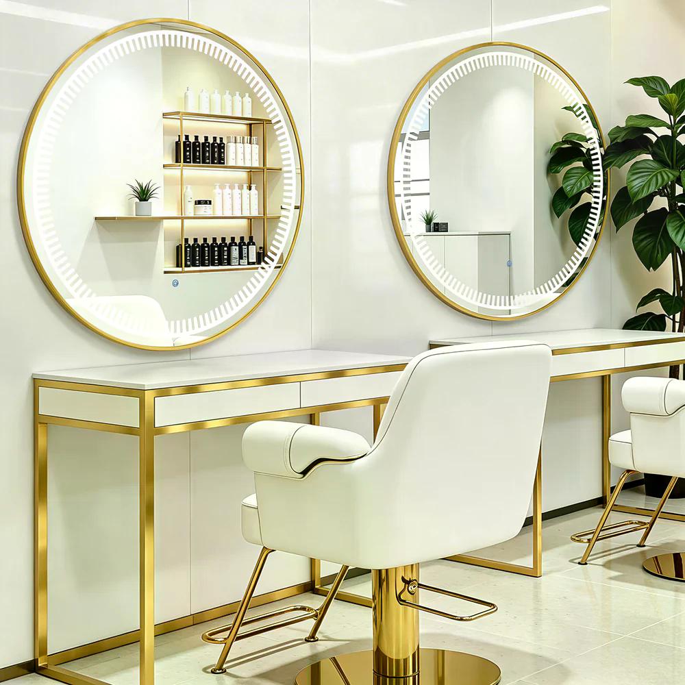 BP Wandspiegel mit Beleuchtung Badspiegel mit Aluminiumrahmen Runder Spiegel mit Touch-Schalter 3 Lichtfarben Dimmbar Badezimmerspiegel für Friseursalon Spa 83x83cm J6236 ( Schwarz / Gold ) – Bild 9